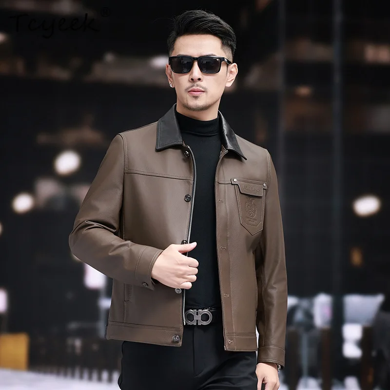 Tcyeek Real Leather Jacket Men Business Casual Mens Jackets  Autumn Clothes Top Layer Cowhide Coat Trendy Blocking Jaqueta Couro