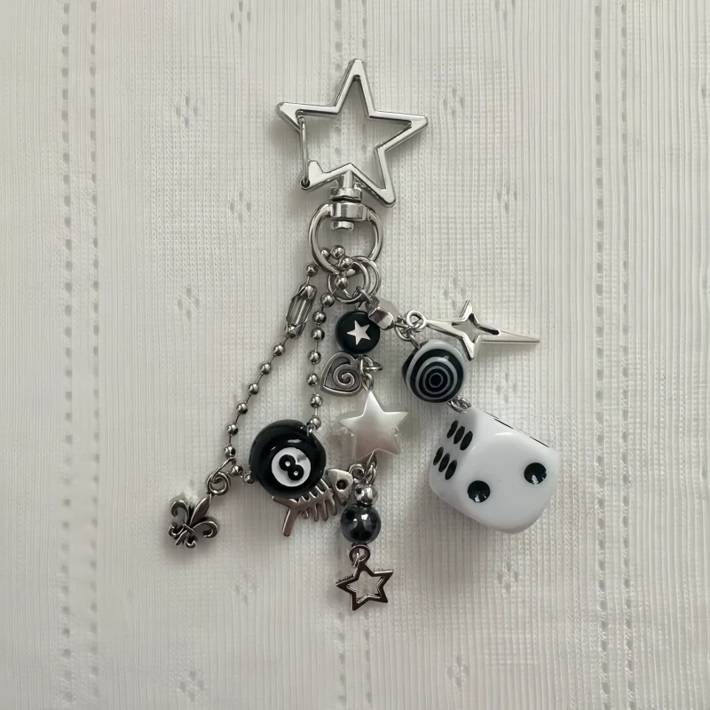 Handmade cluttered rockstar gf edgy black black & white dice keychains grunge, deftones, beaded jewelry, bag pendant, emo, y2k