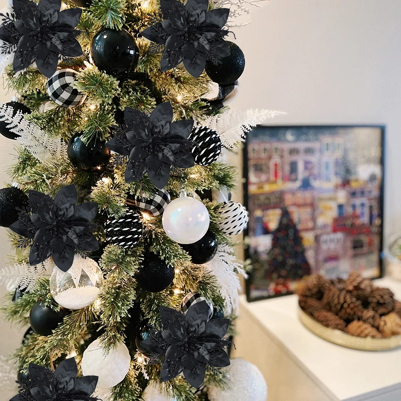 5.7 Inch Artificial Blue and Black Christmas Glitter Flowers with Clips 5/10pcs Xmas Tree Flower Ornaments Noel New Year Decor