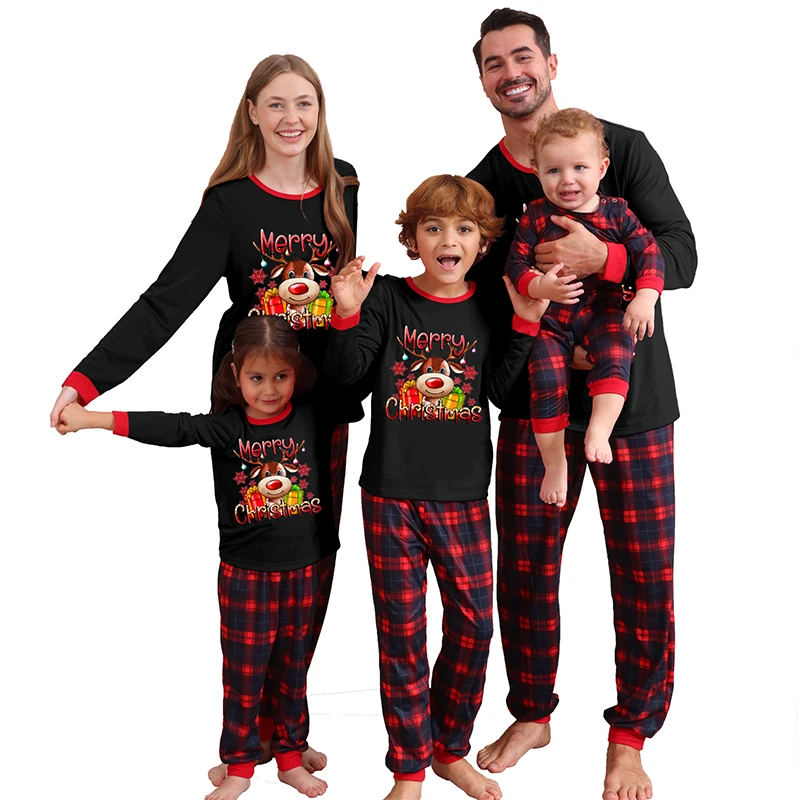 2025 Christmas Family Matching Pajama Set, Reindeer Print Long Sleeve Tops Plaid Elastic Waist Pants for Fall Winter