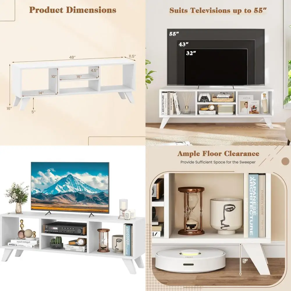 

Contemporary White TV Stand for 55 TVs, Space-Saving Entertainment Console with 4 Open Shelves, Ideal for Living Spaces and Bedr