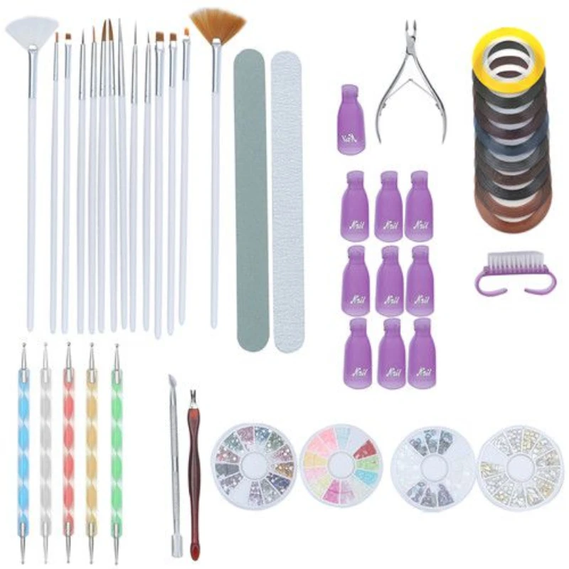 Nail Art Tools Kit for Acrylic Nails, 47 PCS  Design Kit with Gel   Brushes, Dotting Tool,  Rhinestones and Nail Tape Strips,