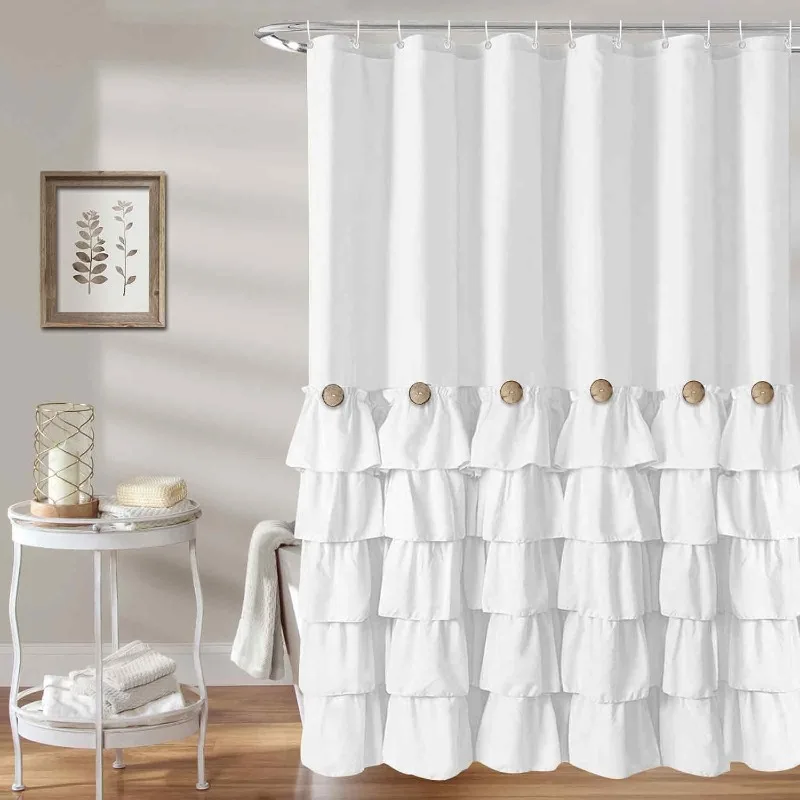 White Ruffle Shower Curtain Farmhouse Shower Curtain Set with 12 Hooks 72 X 72inch Fabric Shower Curtains with Buttons