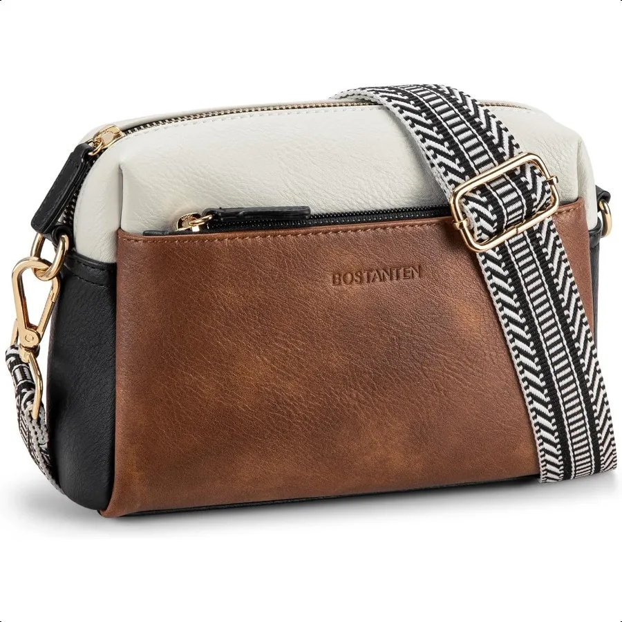 

BOSTANTEN Small Crossbody Purse for Women Triple Zip Cell Phone Leather Handbag with Colored Shoulder Strap