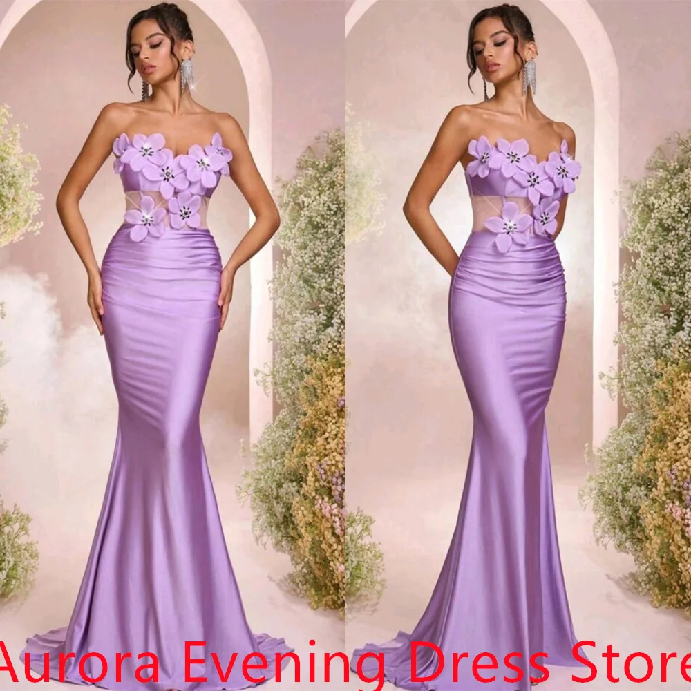 Индивидуальное темпераментное фиолетовое атласное платье для встречи выпускников, нежное платье без бретелек с цветами и кристаллами русалки на молнии сзади, Vestido De Festa