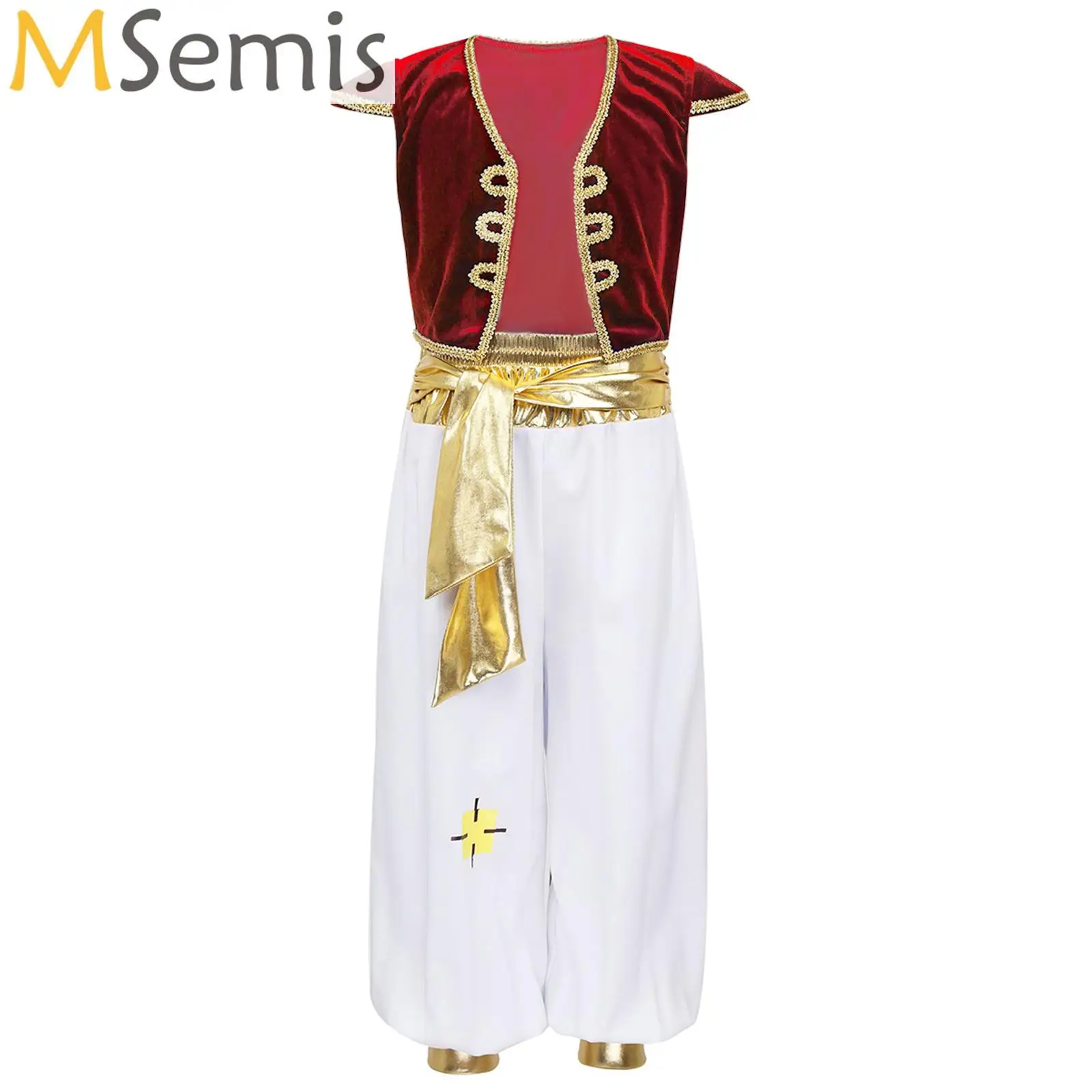 

Boys Mythical Prince Carnival Cosplay Outfit Halloween Carnival Party Arabian Prince Role Play Waistcoat Vest Top+Belted Pants
