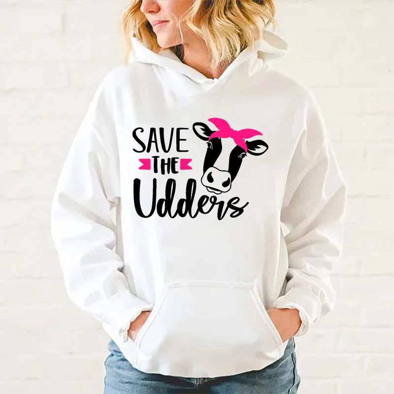 

Fashion Unisex Hoodies Breast Cancer Awareness Save The Udders Printed Hooded Seatshirts Streetwear Casual Pullover Tops