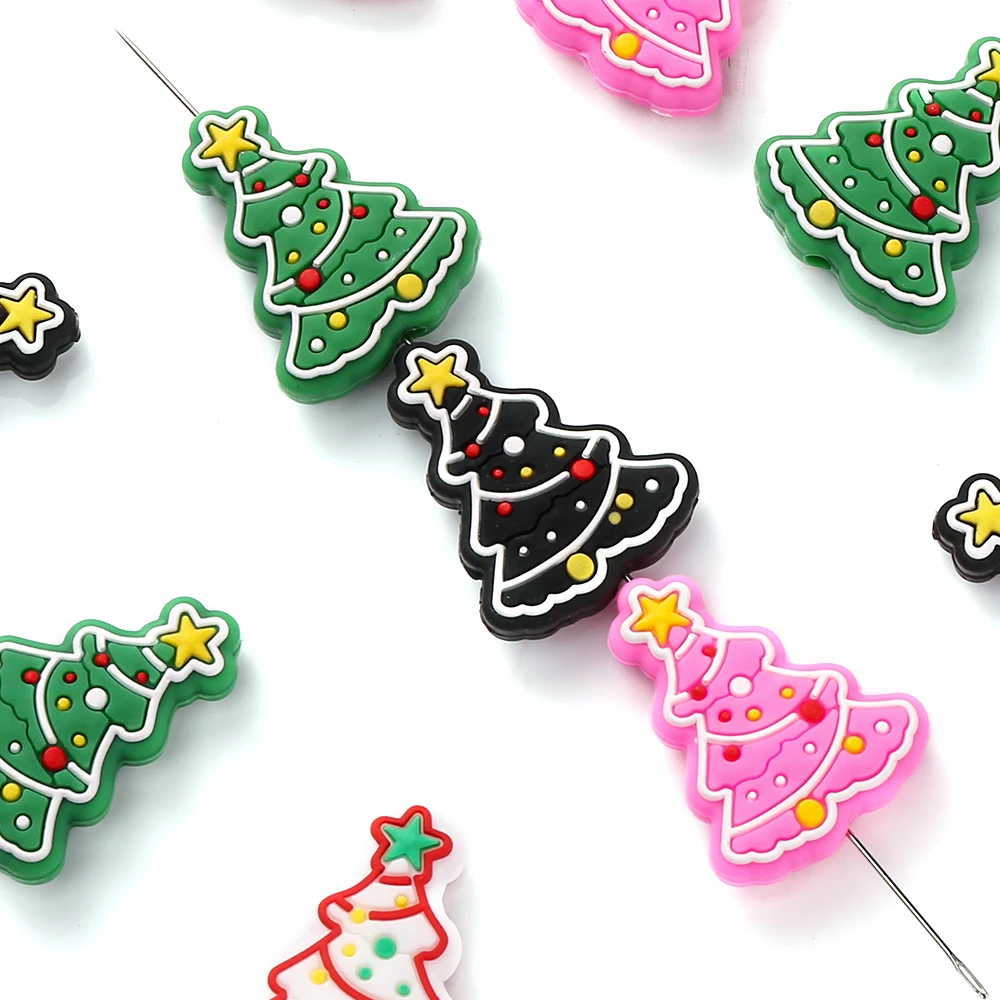 

10pcs Cartoon Christmas Tree Silicone Teether Toy For Jewelry Making DIY Pacifier chain Clips Teether Beads Christmas Gifts