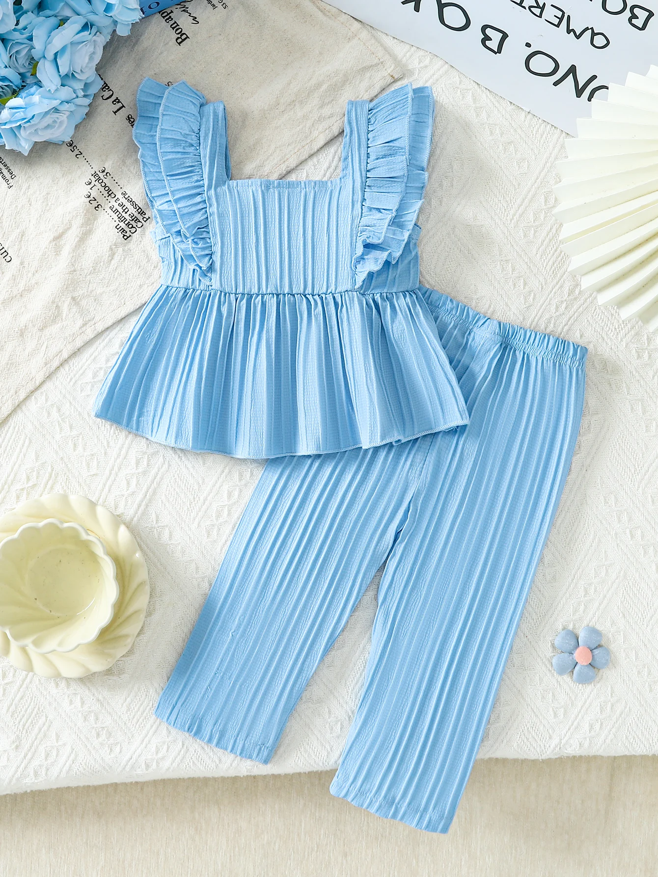 2pcs Summer Girls 3D Floral Ruffle Sleeve Set, Daily Wear/Outdoor Play/Birthday Party, 1-4Y Girls, Ruffle Square Neck Top + Elas