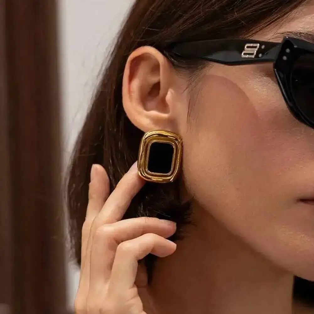 

Lacteo Vintage Stainless Steel 18K Gold Plated Black Stone Square Stud Earrings Women Geometry Piercing Ear Waterproof Jewelry