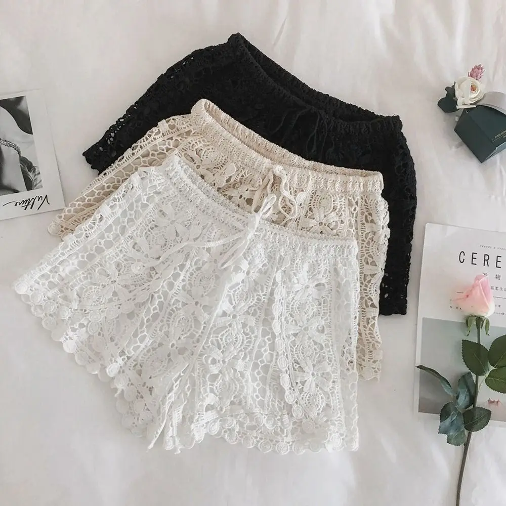 Boho Holiday Crochet Shorts for Women High Waist Hollow Out Lace-up Female Short Ladies Summer All-matching Trousers