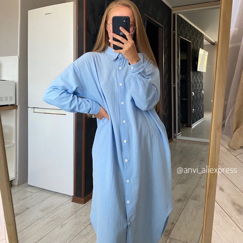 White Shirt Dress For Women Linen Cotton Clothing 2023 Spring Summer Casual Vintage Oversized Pure Long Midi Dresses Homewear