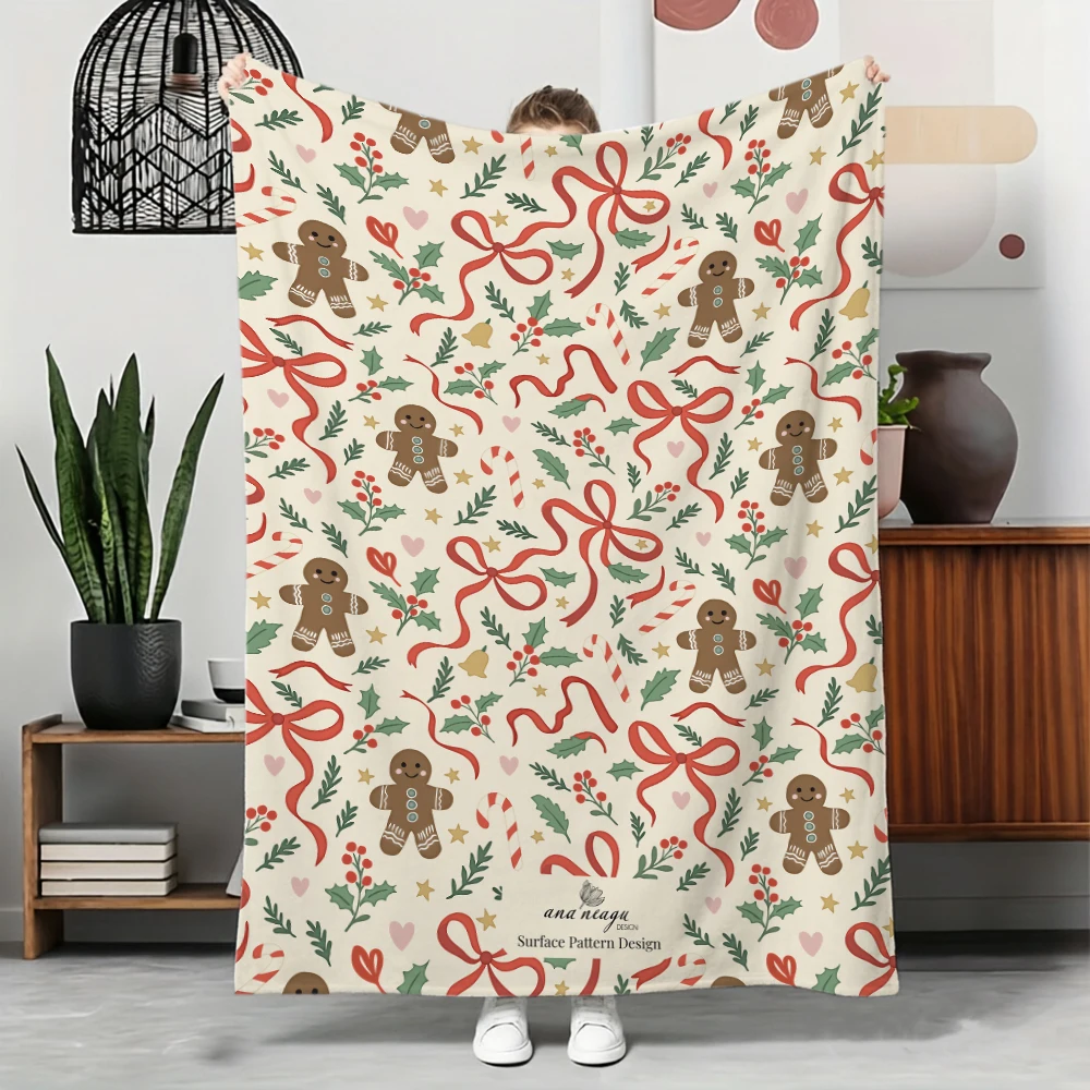 Christmas Gingerbread Man Blanket Cute Red Ribbon Bow Throw Blankets Holly Berries Bed Sofa Cover Holiday Home Decoration