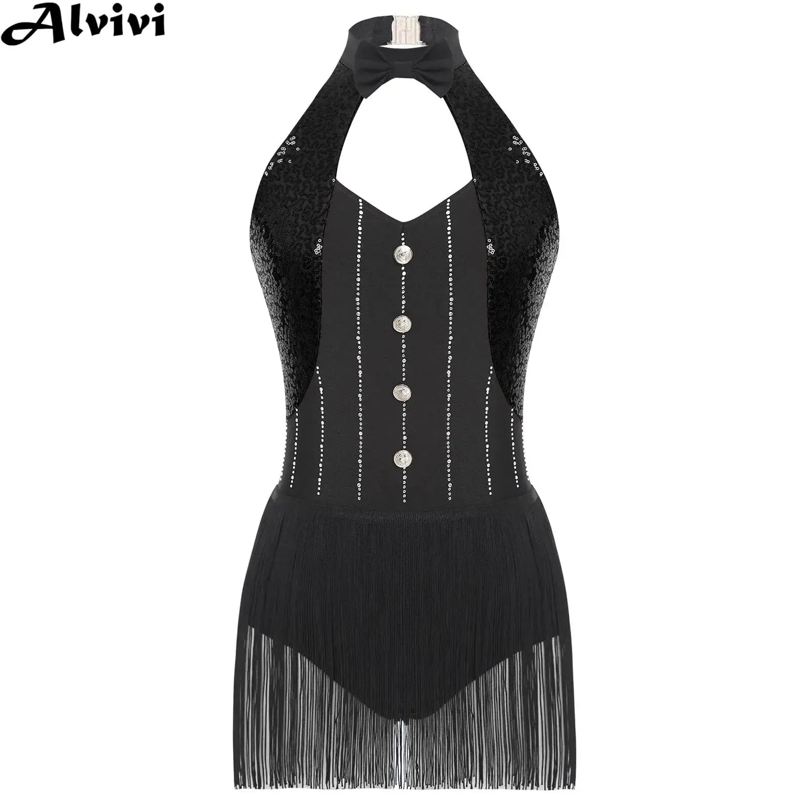 

Women Sequins Tassel Latin Jazz Dance Bodysuit Halter Rhinestones Leotard Figure Skating Ballroom Cha-cha Samba Rumba Dress