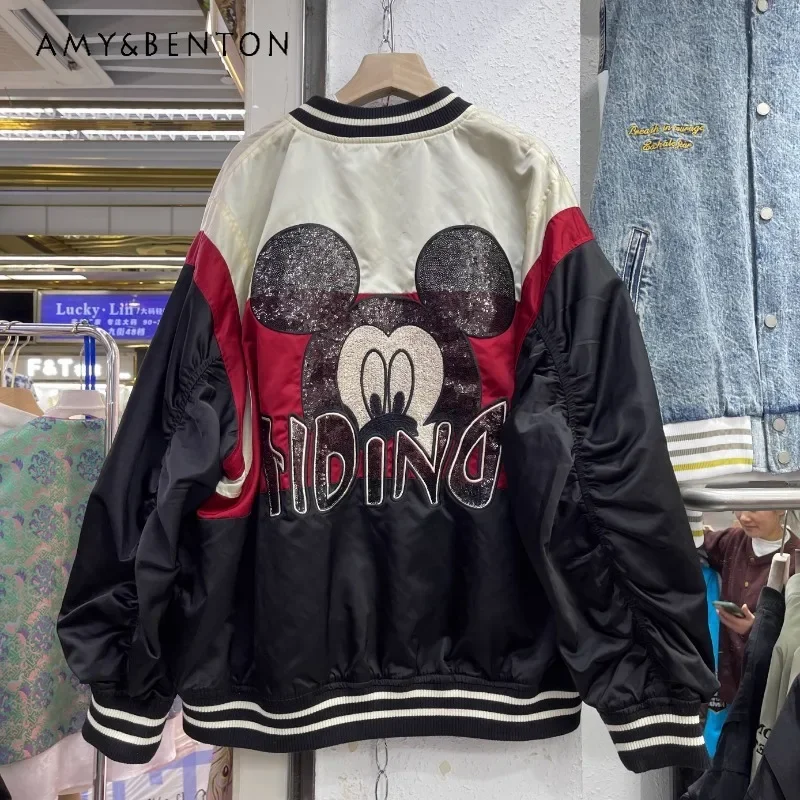 European Style Spring New Coat Loose Mid-Length Oversize Loose Color Matching Cartoon Handsome Jacket Baseball Uniform