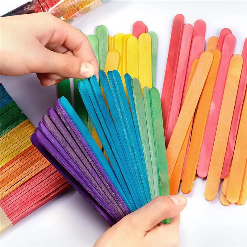 AB34-Colored Wooden- Craft Sticks, 600 Pieces 7 Colors Bulk Wood Craft Sticks For DIY Art School Handmade Projects