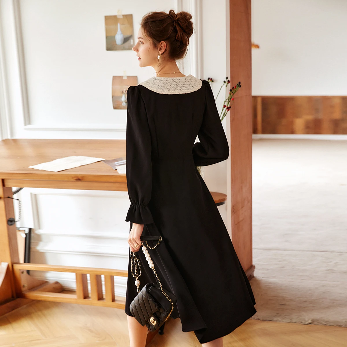 OLrain Black Dresses Woman Elegant Ladies 2025 Autumn French Fashion Lace V Neck Long Sleeve Midi Dress Women Clothes O22CL58351