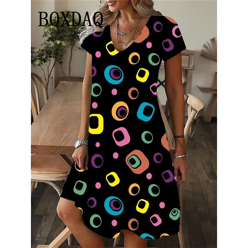 

2025 New Summer Dress For Womens Vintage Polka Dots Print Short Sleeve V-neck Casual Dress Beach Party Loose Mini Women Dresses