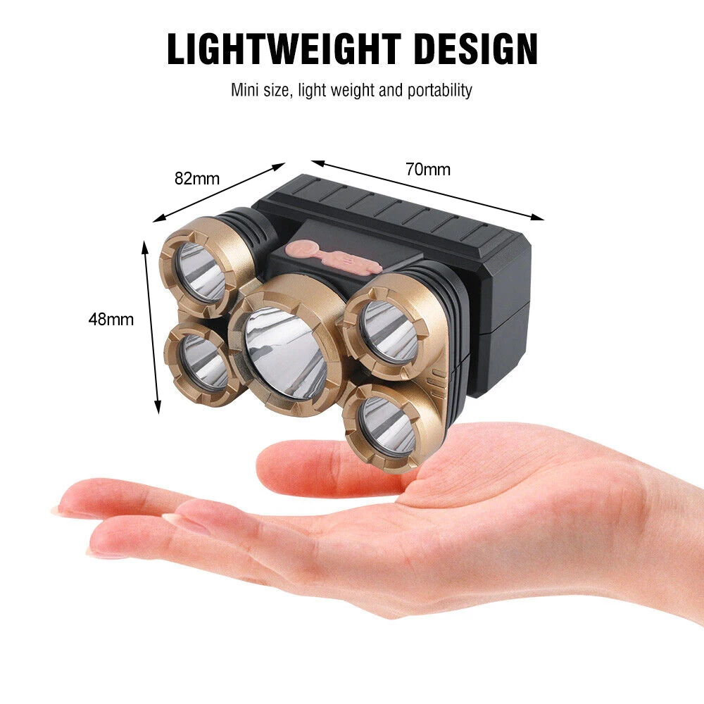 Portable 5 LED Headlamp 4 Modes Headlight USB Rechargeable Head Flashlight for Camping Hiking