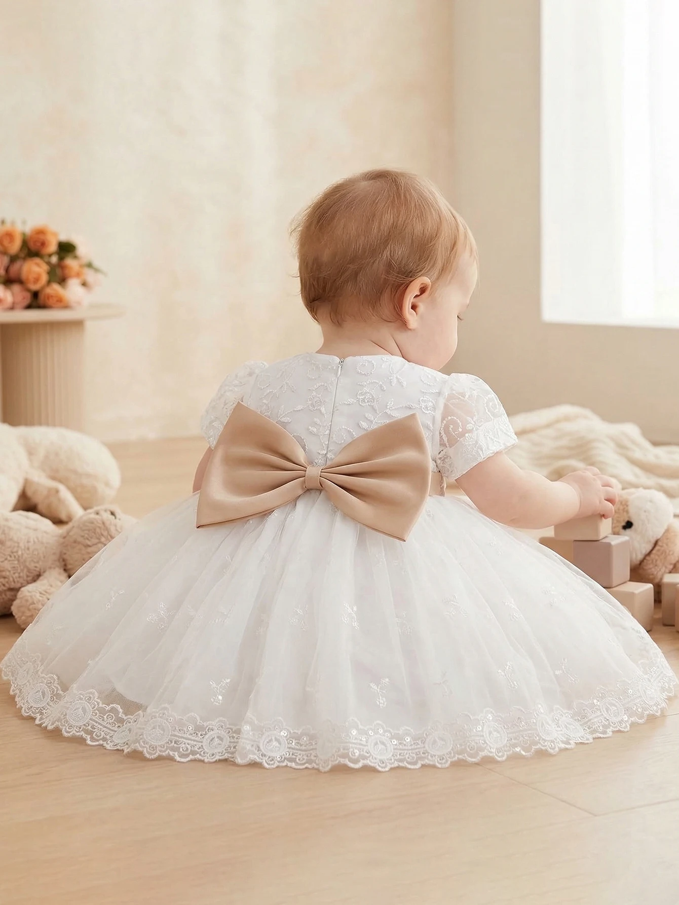 

Infant Toddler Girl's Formal White Dress for Ages 0–2 Years, Elegant Bow Accent, Ceremonial Occasions Weddings or Birthdays.