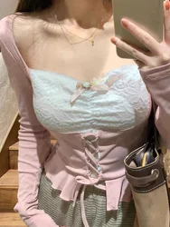 Sweet Pure Desire Pink Tops Women Elegant Slim Ruffles Short T Shirt Casual Korean Long Sleeve Lace Patchwork Female Spring Tees