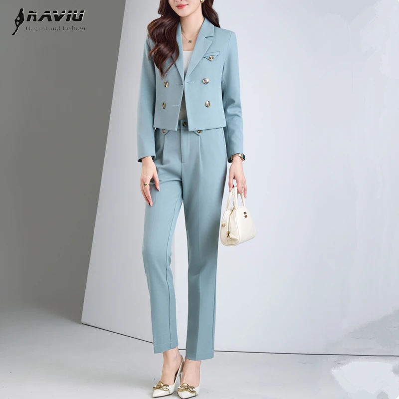 

Женский костюм NAVIU Blue Coffee Gray: пиджак с длинным рукавом и брюки, однотонный, короткий пиджак и брюки, формальный комплект из 2 предметов для весны.