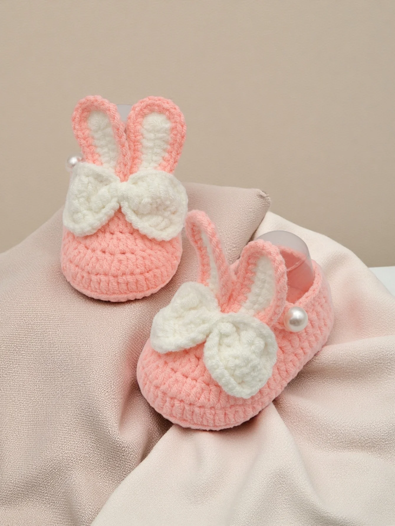 

1 Pair Handmade Baby Bunny Booties, Pink Crochet Infant Slippers with White Bow and Pearl Detail, Newborn Knit Shoes