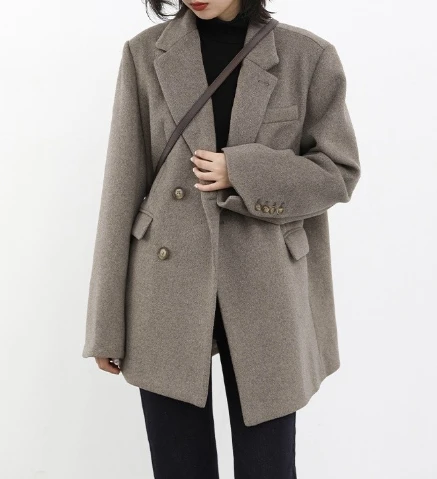 Women Wool Blend Coat Solid Mid Long Woolen Blazer Thick Warm Blouse Women's Overcoat Office Lady Tops Autumn and Winter 2023