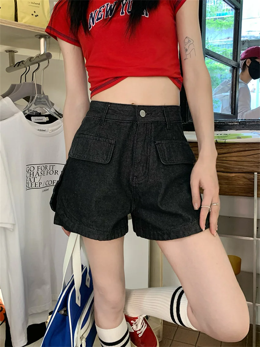 

PLAMTEE All Match Shorts Denim Women Summer High Waist Slim 2023 Wide Leg New Office Lady Jeanswear Vintage Mujer Daily Chic