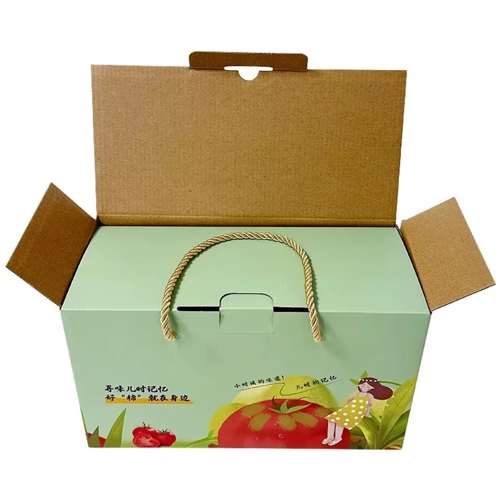 scatola-personalizzata-per-imballaggio-frutta｜scatola-in-cartone-ondulato-con-manico-in-corda｜scatola-ecologica-per-spedizioni-express