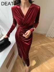 DEAT Elegant Dress V-neck Pleated Long Sleeve Split Velvet Solid Women's Evening Party Dresses 2024 Autumn New Fashion 35Z1175