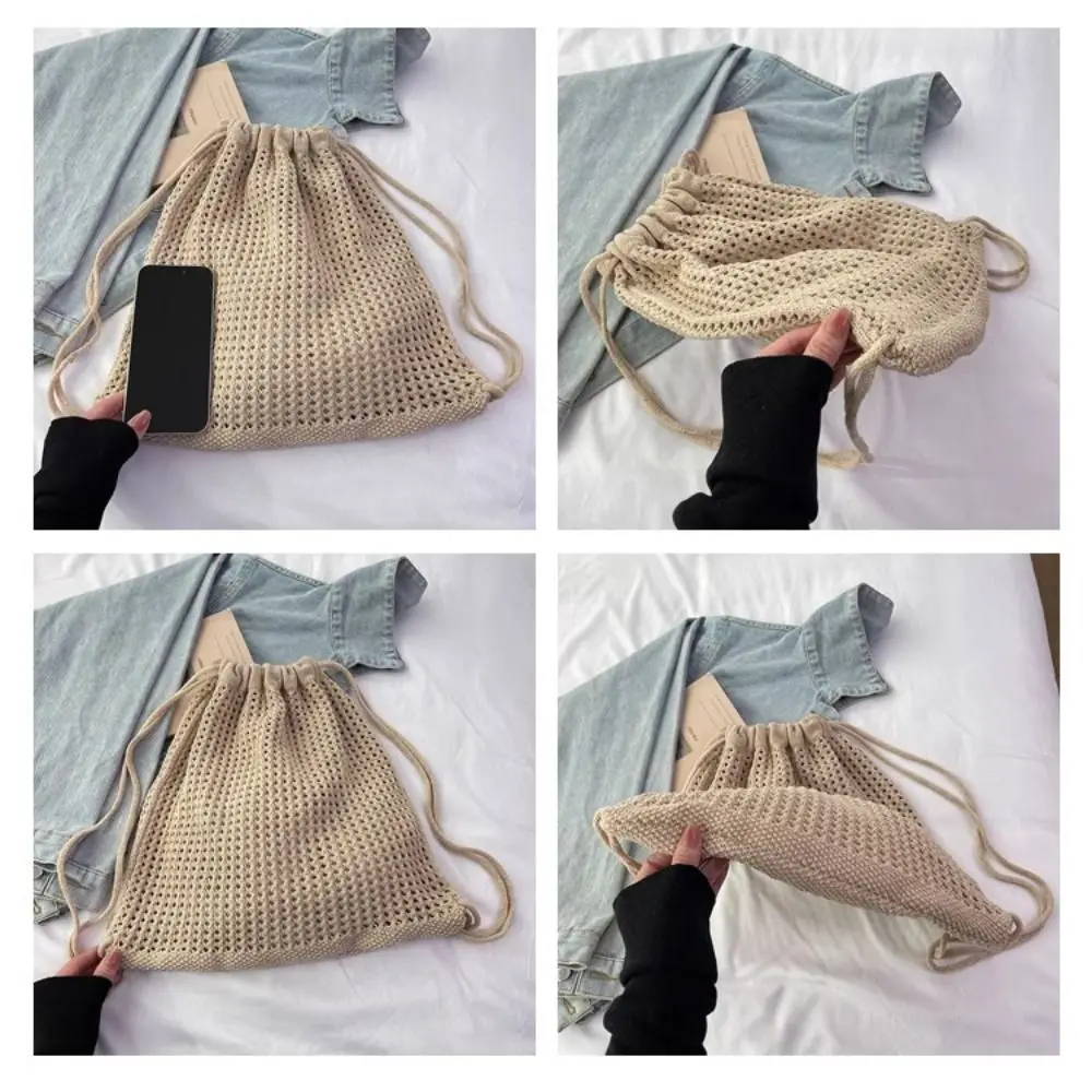 Solid Color Knitting Shoulder Bag Large Capacity Lazy Style Bohemian Crochet Backpack Hollow Out Versatile
