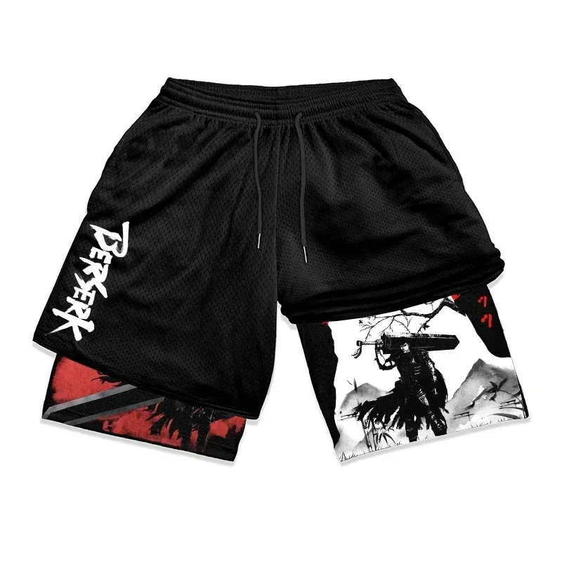 Men\'s Sports Shorts Fashionable Anime Print Double Layer Shorts Breathable Two-in-one Jogging Fitness Casual Shorts S-5XL