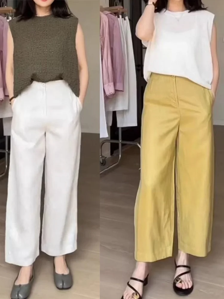 

White Summer Thin Linen Pants Loose Wide Leg Casual Knife Pants High Waist Straight Leg Commute Style Ladies Trou...