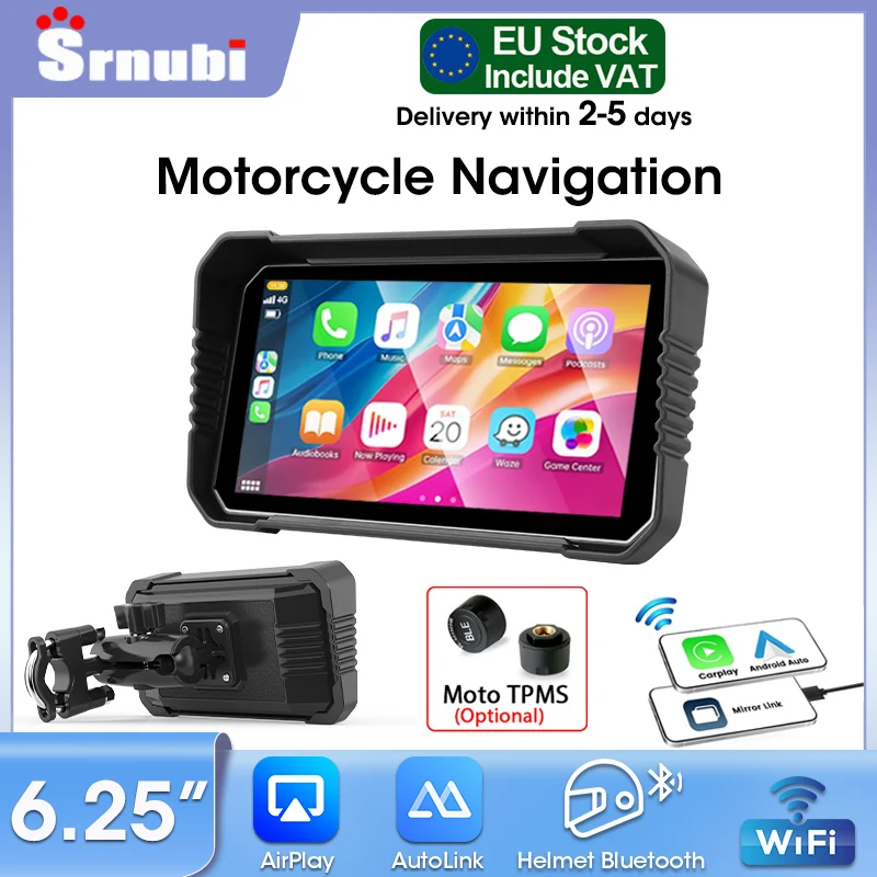 Srnubi 6,25 Zoll Motorrad-Navigationsgerät mit Touchscreen, kabellosem CarPlay, Android Auto, Helm-Dual-Bluetooth für Moto TPMS-Sensor