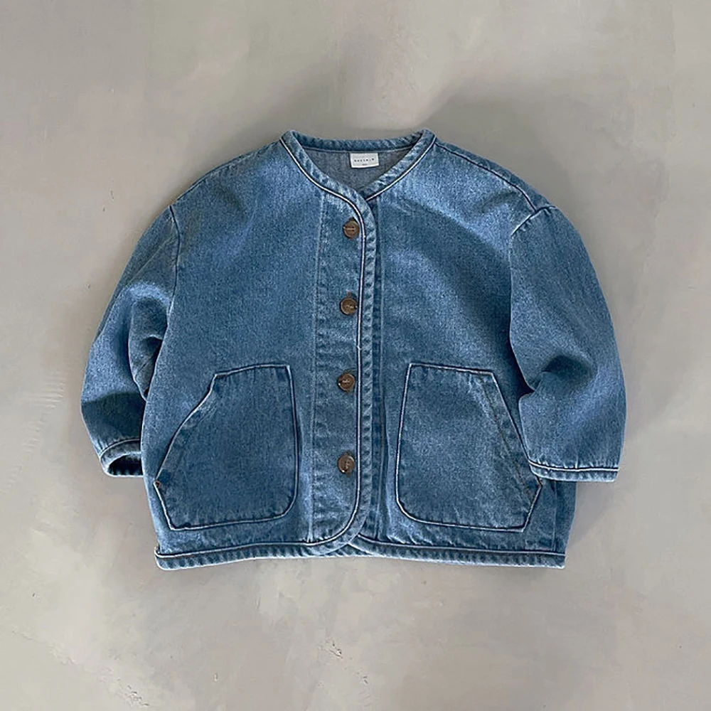 2024 New Children Denim Jacket Korean Boys Girls\' O-Neck Single-breasted Coat Casual Fashion Windproof Cardigan Tops