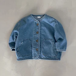 2024 New Children Denim Jacket Korean Boys Girls' O-Neck Single-breasted Coat Casual Fashion Windproof Cardigan Tops