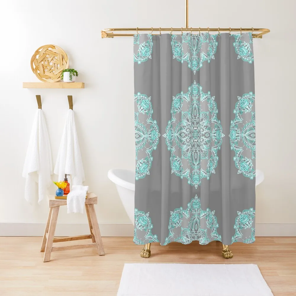 

Teal and Aqua Lace Mandala on Grey Shower Curtain Curtains For Bathrooms With Beautiful Designs