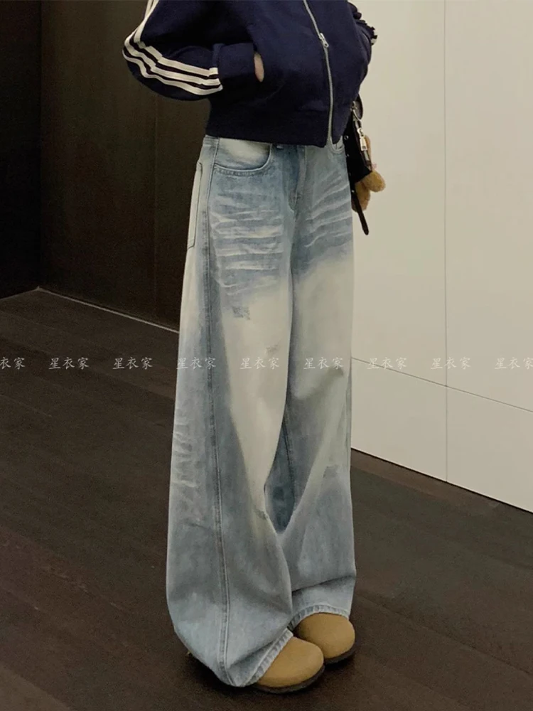 Women Light Blue Y2k Ripped Jeans Harajuku Baggy Denim Trousers Vintage Japanese 2000s Style Oversize Jean Pants Trashy Clothes