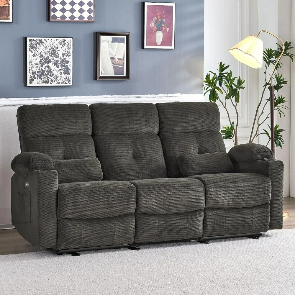 Power Reclining Sofa with Heat and Massage,,Electric Power Double Reclining Sofa with USB Ports,