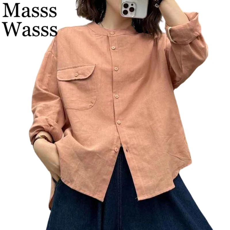 

Mass Wasss 2026, весенние свободные модные однотонные рубашки, женские классические хлопковые льняные топы в корейском стиле, женские повседневные винтажные блузки
