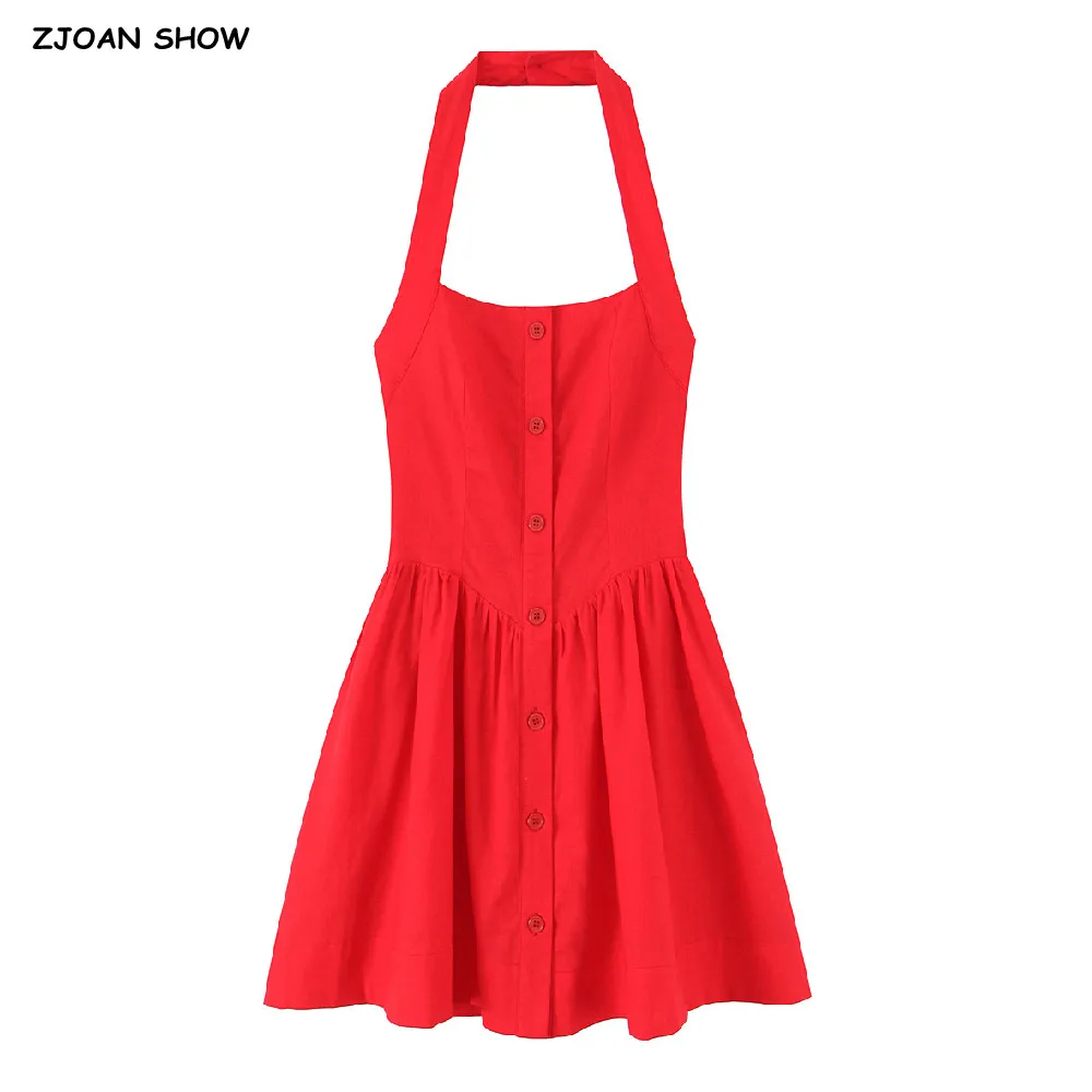 Sexy Solid Red Halter Slash Collar Front Buttons Sling Mini Dress Women Low  Waist Ruched A-Lined Swing Backless Dresses Robe - AliExpress 200000345
