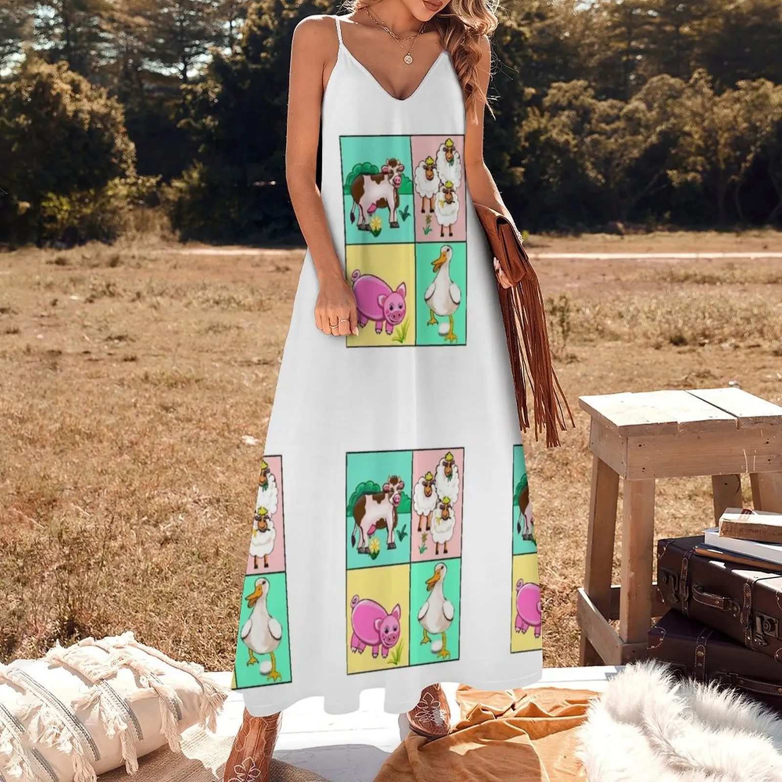 Farm animals - Old Macdonald had a farm squares..and on that farm he had a dog, cow, duck, sheep Sleeveless Dress Women's skirt