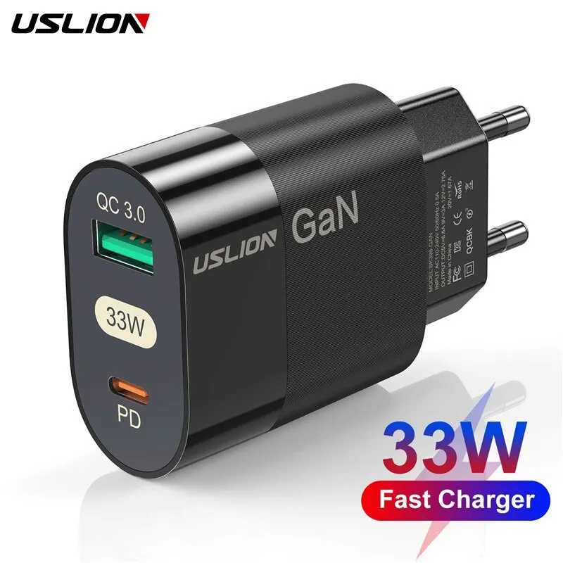 USLION 33W GaN PD USB C Charger For iPhone 14 13 12 Pro Max Phone Charger QC 3.0 PD 3.0 USB Type C Fast Charging for iPad Air