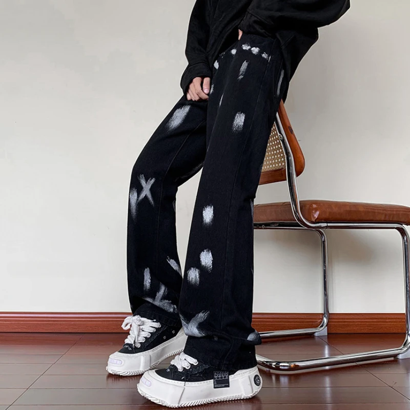 Tie Dye Jeans Men Advanced Streetwear Daily Spring Autumn Oversize Straight Splash Ink American Style Male Mopping Trousers Cozy