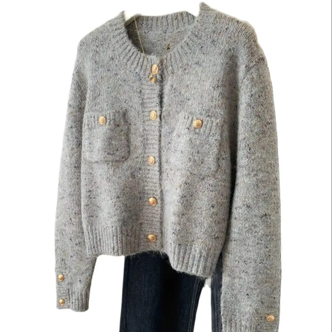 Knitted Cardigan Gold Button O Neck Gray Women\'S Simple Long Sleeve Sweater Jacket Autumn Spring Office Ladies Elegant Knitwear