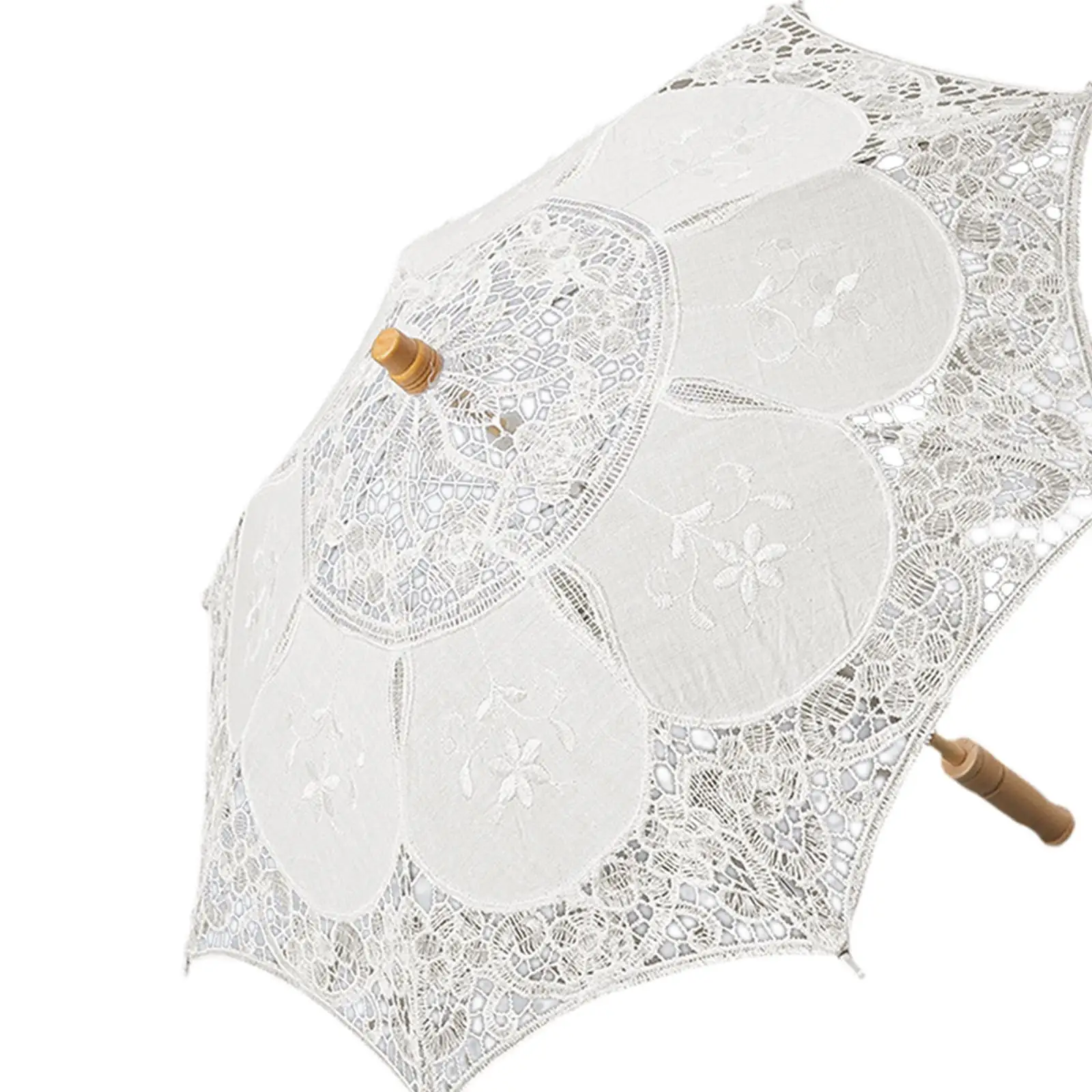 Elegant Embroidered Lace Parasol Umbrella for Wedding Bride Wooden Handle Vintage Style Portable Costume Accessory Decorative