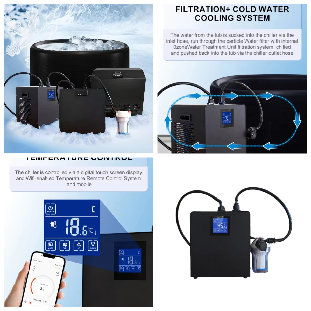 Factory Direct Sale Ozone Wifi Chiller Cold Ice Heat Filter 1/2hp Uv Ice Bath Chiller Cold Plunge Chiller