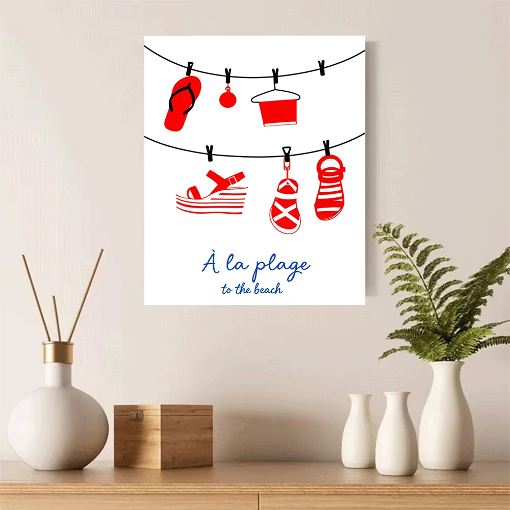 1PC-Unframed Canvas poster wall decoration Beach Flip Flops Clothesline Summer Vibes Stripes Sun Hat Beach Accessories