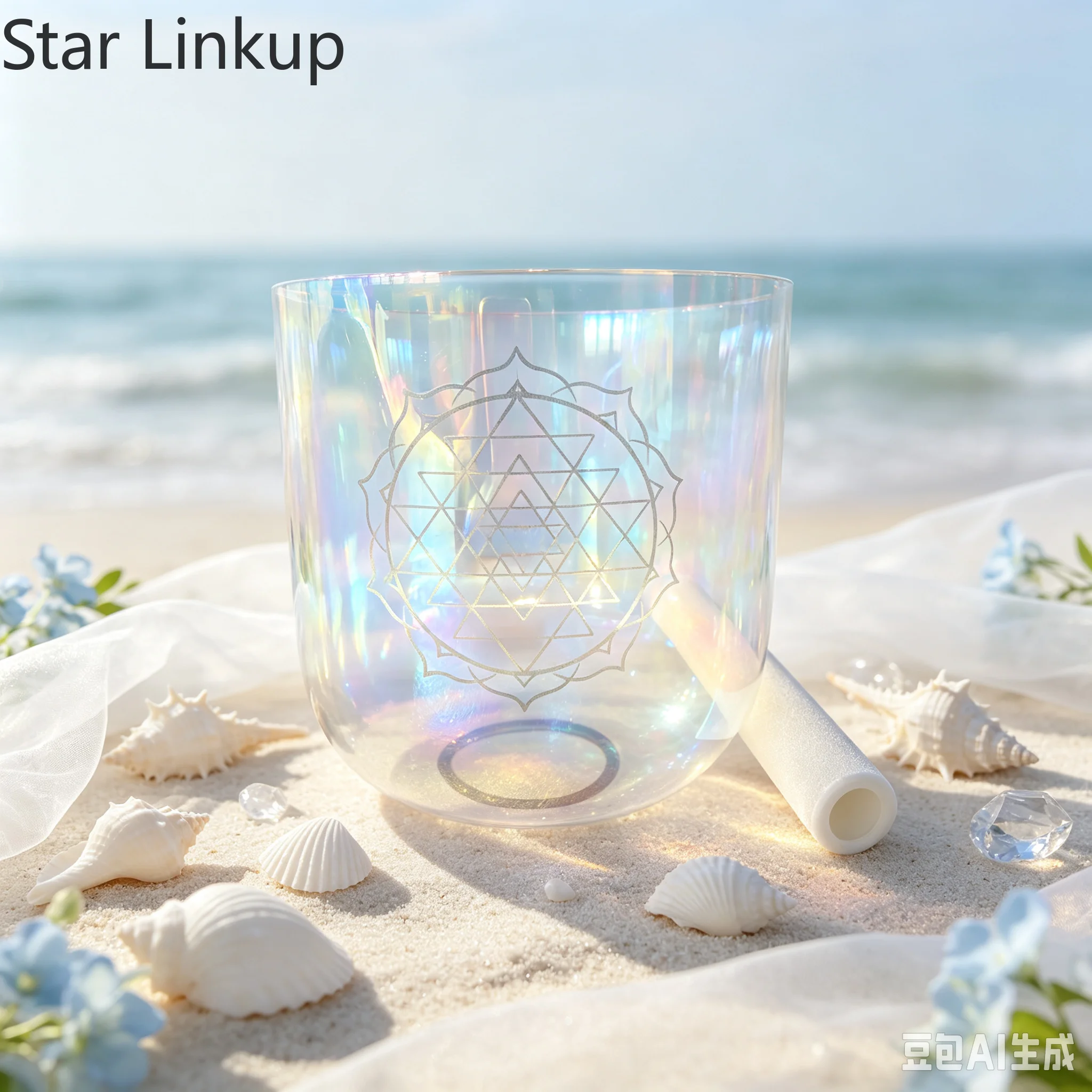 Star Linkup Third Octave E & F Tone Cosmic Tinted Quartz Resonance Bowl Carved with Shri Yantra Pattern, Targeted Heart Chakra Regulation, Premium Hand Engraved Instrument